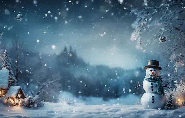 Winter, snow, Christmas, New year, snowman, Christmas, snow, bokeh