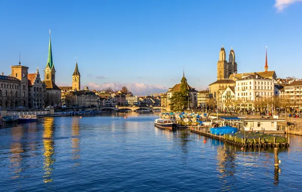 Picture bridge, river, home, Switzerland, piers, Zurich