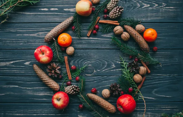 Decoration, apples, New Year, Christmas, fruit, Christmas, wood, New Year