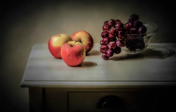 Picture apples, grapes, vase, fruit, still life, table