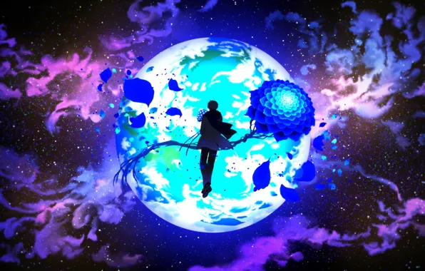 Picture space, flowers, planet, fantasy, art, guy
