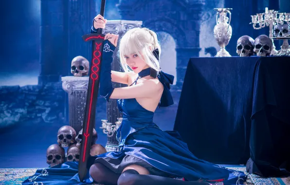 Picture look, girl, blue, pose, weapons, table, background, castle