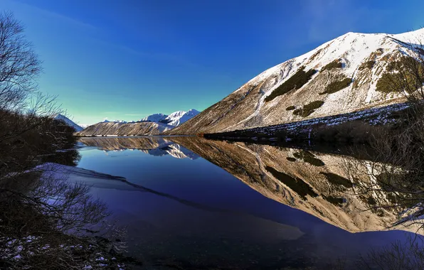 The sky, snow, mountains, lake, reflection