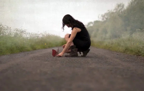 Road, girl, style, background, butterfly