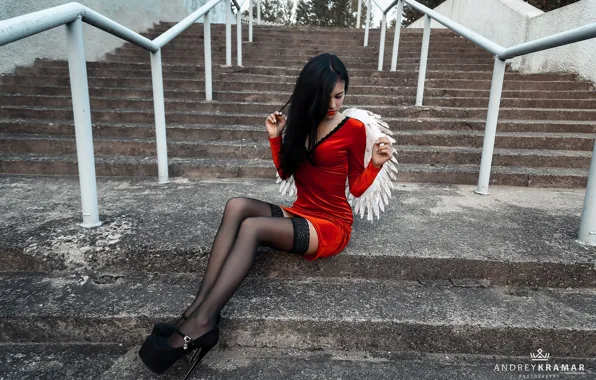 Girl, wings, stockings, dress, ladder, shoes, heels, steps