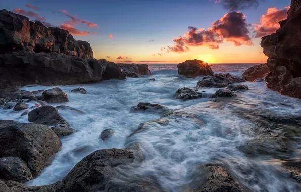 Sea, wave, sunset, stones, rocks, island, surf, The Iron