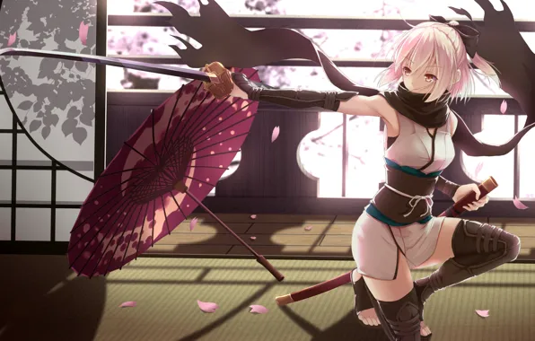 Picture girl, weapons, sword, umbrella, petals, anime, art, fate