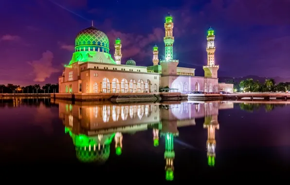 Picture light, night, the city, reflection, mosque, Kota Kinabalu, Kota Kinabalu