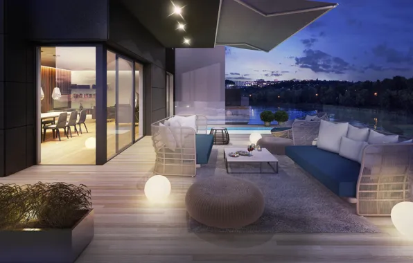 Picture the city, lights, Villa, the evening, pool, lighting, terrace, Suite