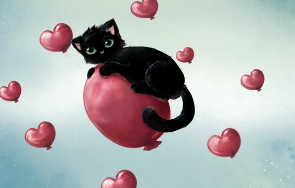 Balls, kitty, black, hearts, air