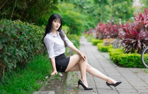 Look, trees, flowers, pose, model, skirt, portrait, makeup