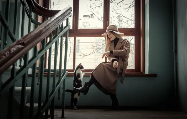 Cat, girl, pose, photo, window, coat, Andrey Vasilyev, Natalia Prokopenko