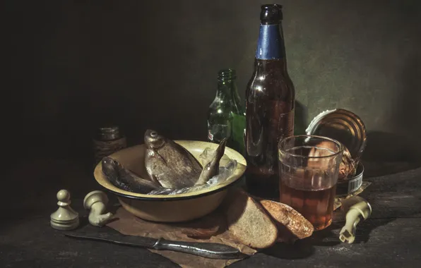 Light, glass, paper, table, bottle, beer, fish, bread