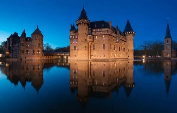 Water, night, reflection, castle, lighting, Netherlands, De Hair