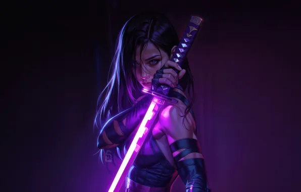 Picture girl, sword, katana, energy, purple, warrior, super hero, Psylocke