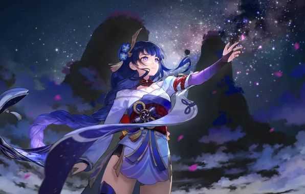 Picture the sky, girl, night, Rafa, Genshin Impact, Raiden Shogun