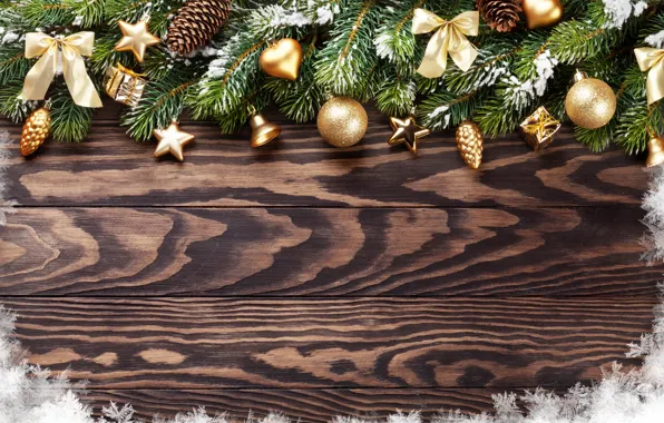 Snow, decoration, New Year, Christmas, golden, new year, Christmas, wood