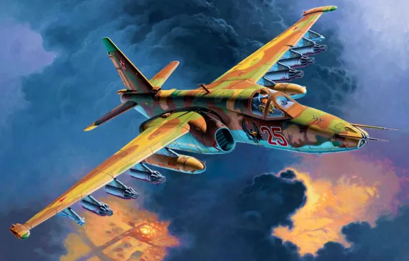 Picture art, airplane, painting, aviation, jet, Sukhoi Su-25
