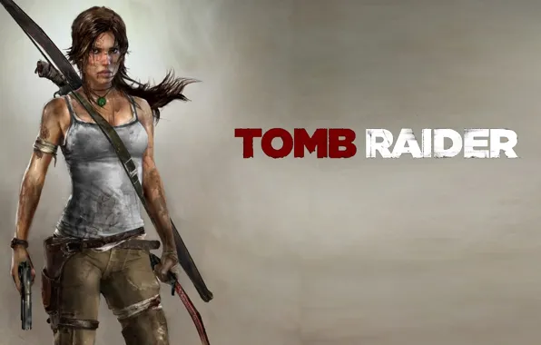 Gun, bow, Tomb Raider, grey background, holster, Lara Croft, boomerang
