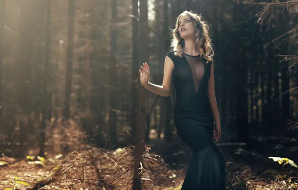 Forest, girl, dress, black, girl, brown hair, model, Nathan Photography