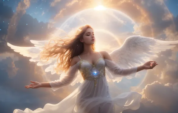 Clouds, wings, angel, gesture, beautiful girl, Nega, charm, white clothes