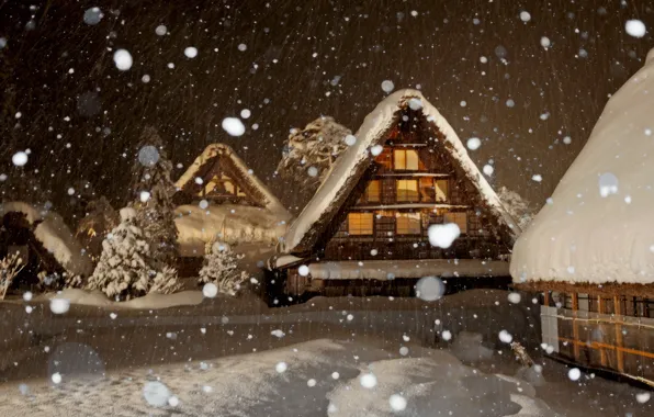 Village, Winter evening, Village, Snowfall, Snowfall, Winter evening