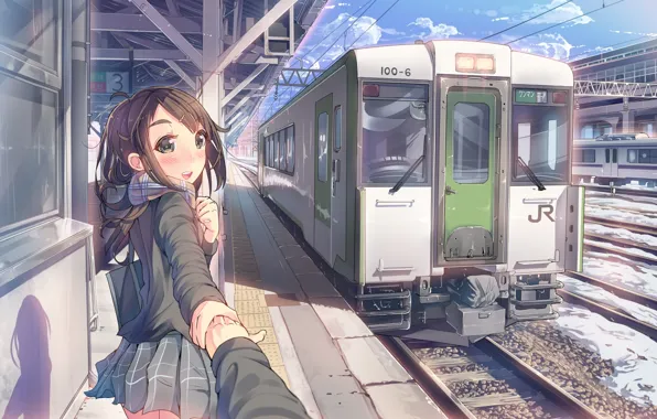 The sky, girl, clouds, smile, train, hand, anime, scarf