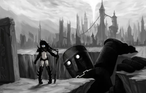 Picture the city, robot, sword, anime, girl, the ruins, black rock shooter, insane black rock shooter