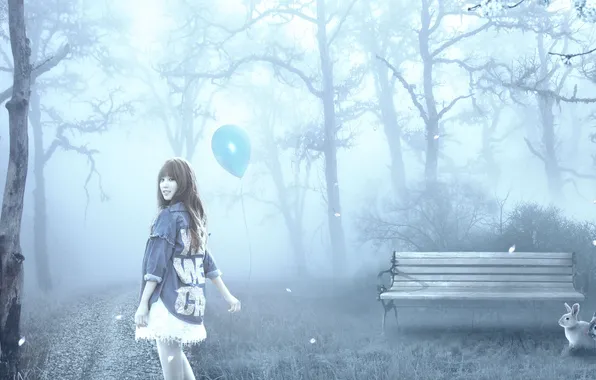 Picture girl, bench, fog, smile, balloon, petals, rabbits, brown hair