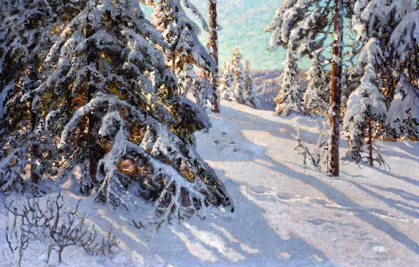 Winter, snow, trees, landscape, tree, picture, shadows, Anshelm Schultz, Mountain