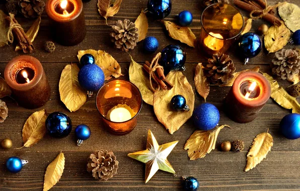 Leaves, stars, balls, toys, sticks, candles, New Year, Christmas