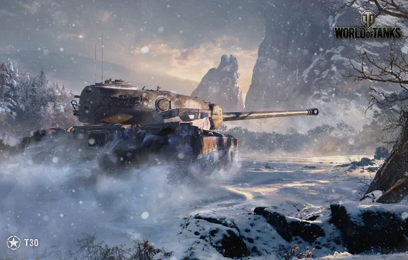 Winter, forest, snow, mountains, tank, American, heavy, World of Tanks