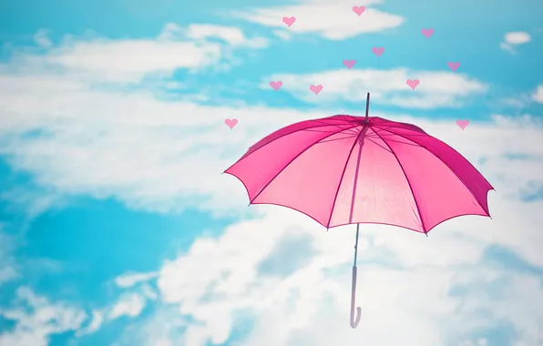 The sky, clouds, umbrella, pink, blue, umbrella, hearts
