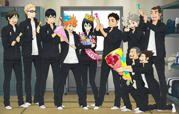 Crown, team, guys, a bouquet of flowers, school uniform, fun, congratulations, Haikyuu!!