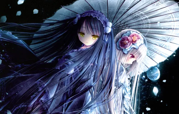 Ruski, petals, long hair, yellow eyes, the night sky, bezel, flower in hair, back to …
