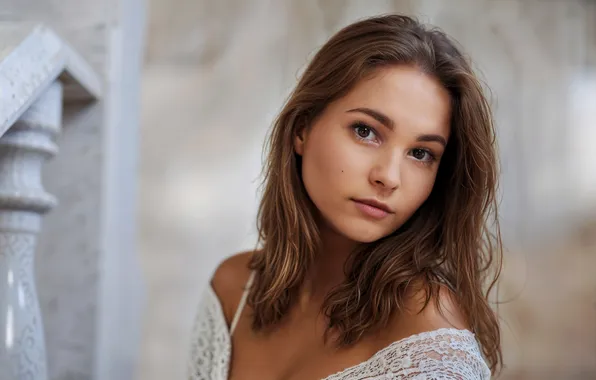 Look, model, portrait, makeup, hairstyle, brown hair, beauty, in white