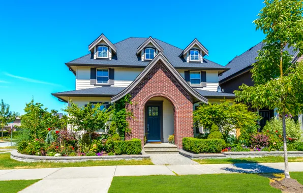 Picture greens, the sky, grass, the sun, flowers, design, house, lawn