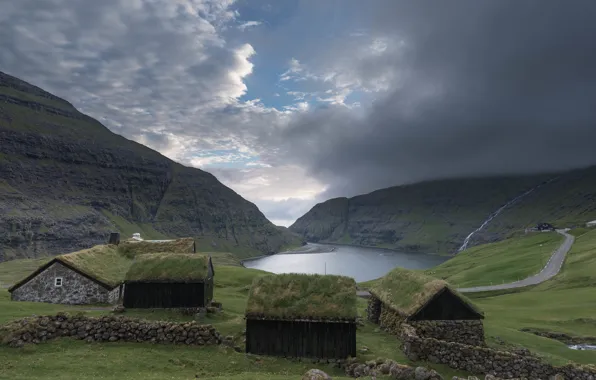 Clouds, mountains, house, Iceland, Faroe Islands, The Faroe Islands