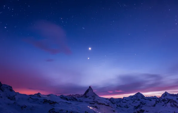 The sky, stars, snow, mountains, night, twilight, Matterhorn