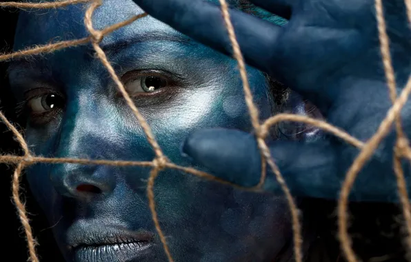 Look, girl, face, mesh, paint, hand, blue, Ivan Kovalev