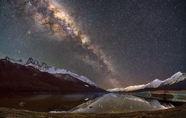 Picture space, stars, snow, mountains, lake, reflection, mirror, The Milky Way