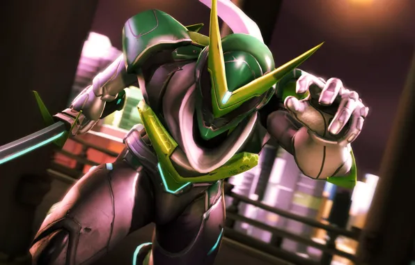 Rendering, sword, anime, helmet, ninja, killer, overwatch, Genji Shimada