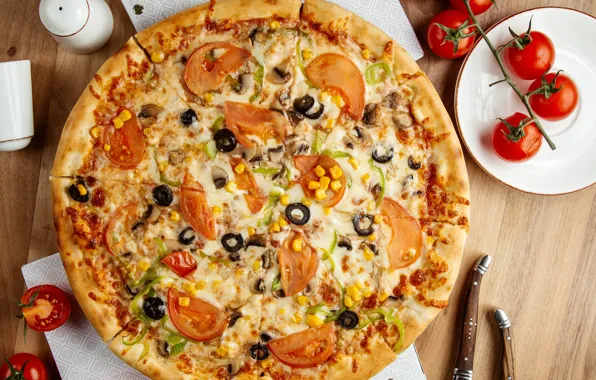 Table, vegetables, pizza
