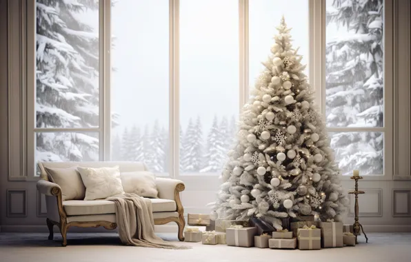 Decoration, house, room, sofa, balls, tree, interior, New Year