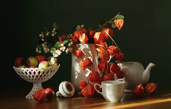 Autumn, apples, kettle, Cup, vase, pitcher, physalis, September
