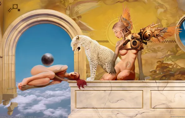 Clouds, girls, surrealism, mechanism, planet, wing, art, leopard