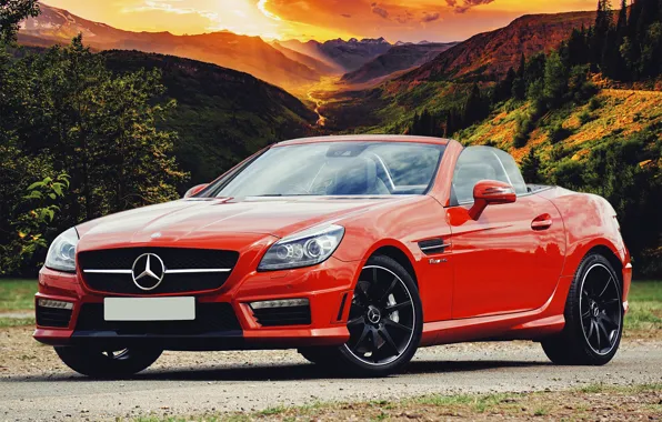 Picture machine, landscape, mountains, nature, car, AMG, SLK 55 AMG, Mersedes Benz