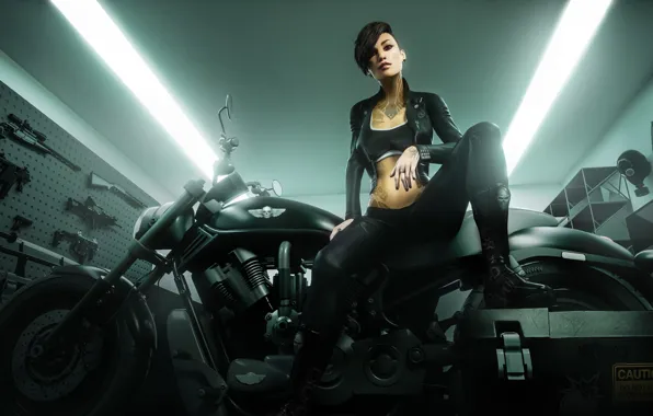 Picture pose, weapons, woman, motorcycle, tattoo, badass girl