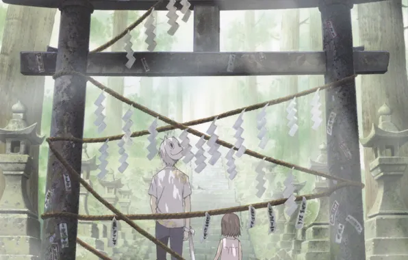 Forest, anime, boy, mask, ladder, girl, Hotarubi no Mori e, where fireflies flicker