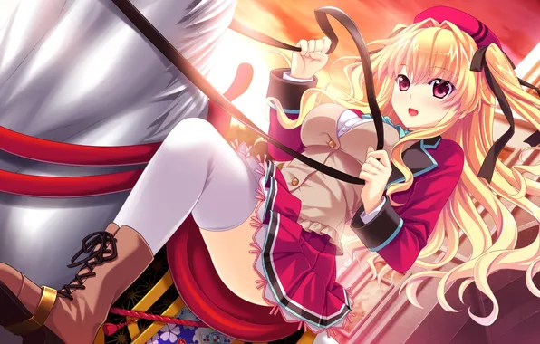 Girl, joy, sunset, horse, gesture, art, Kamiwazumi Chinami, Baka Moe Heart ni Ai wo Komete!